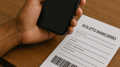 Pessoa usando celular com aplicativo Nova aberto mostrando opções para parcelar boleto com cartão de crédito, tela colorida e interface moderna, mesa com objetos financeiros ao redor