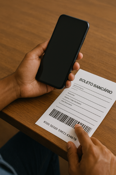 Pessoa usando celular com aplicativo Nova aberto mostrando opções para parcelar boleto com cartão de crédito, tela colorida e interface moderna, mesa com objetos financeiros ao redor