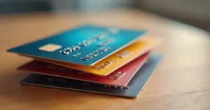 Três cartões de crédito coloridos empilhados sobre uma mesa com fundo neutro e luz natural