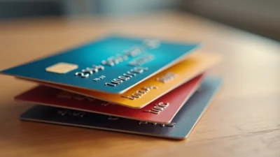 Três cartões de crédito coloridos empilhados sobre uma mesa com fundo neutro e luz natural