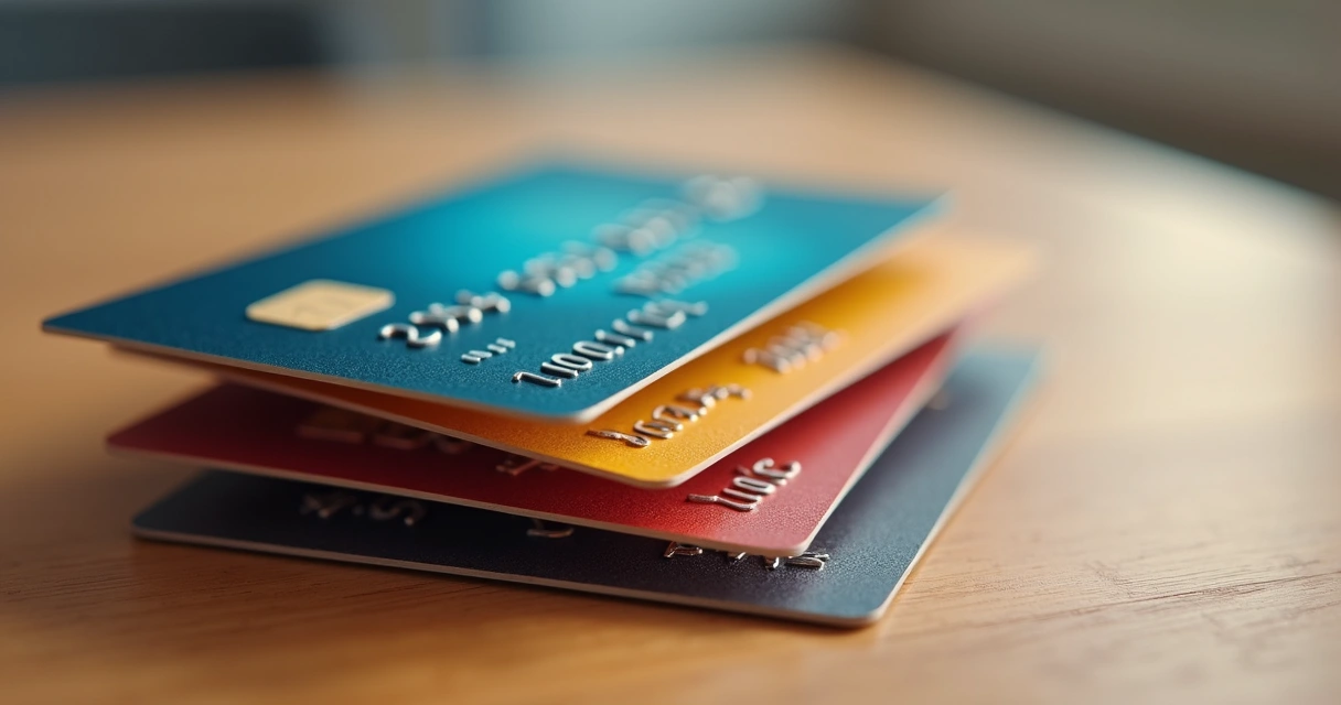 Três cartões de crédito coloridos empilhados sobre uma mesa com fundo neutro e luz natural