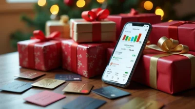 Mesa de madeira com diversos presentes de Natal, cartões de crédito, e um smartphone exibindo aplicativo financeiro