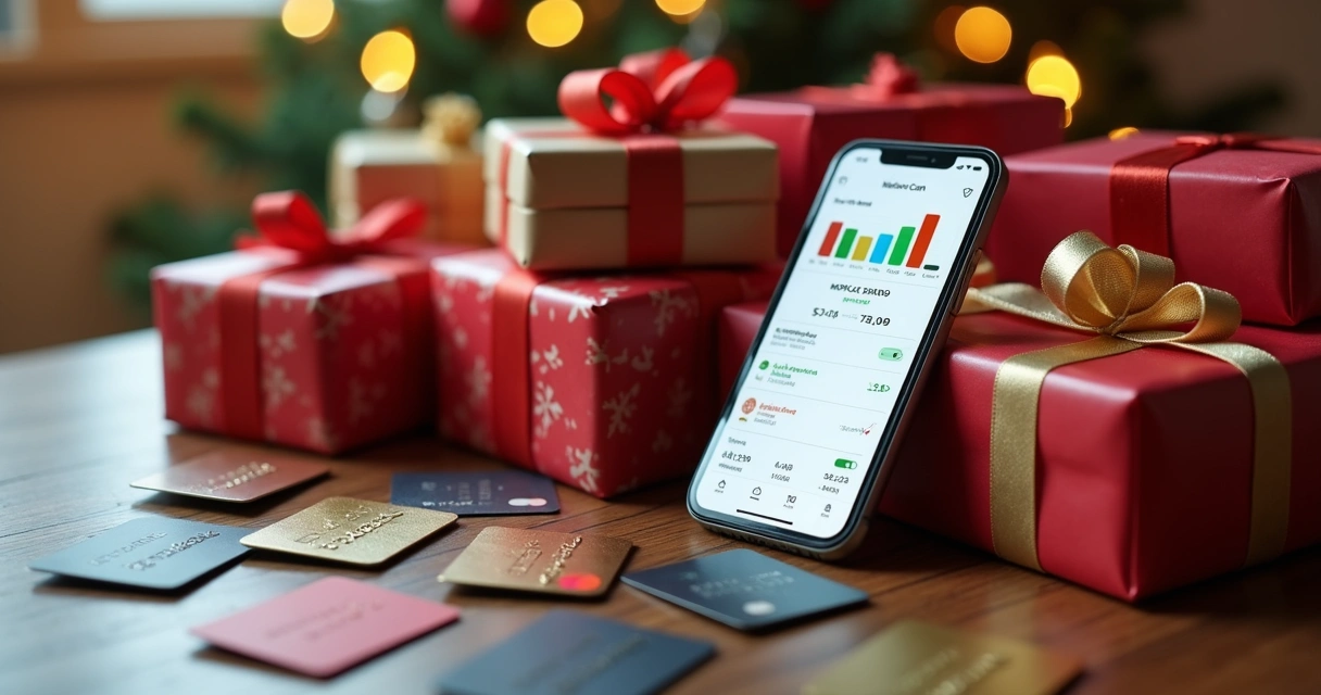 Mesa de madeira com diversos presentes de Natal, cartões de crédito, e um smartphone exibindo aplicativo financeiro