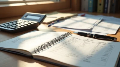 Mesa com caderno aberto, caneta, calculadora, boletos de IPTU, IPVA e lista de material escolar organizados para planejamento financeiro no início do ano