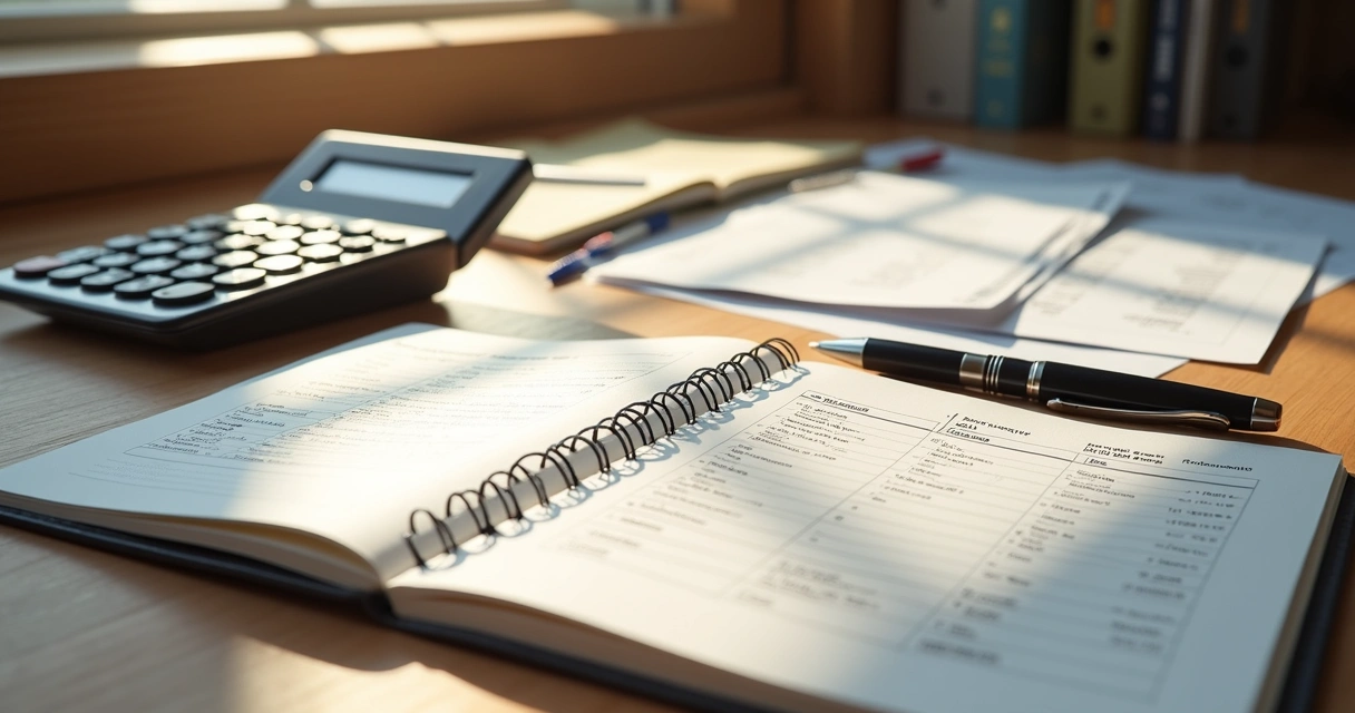 Mesa com caderno aberto, caneta, calculadora, boletos de IPTU, IPVA e lista de material escolar organizados para planejamento financeiro no início do ano