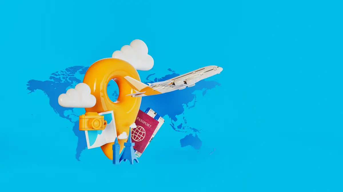 Travel concept with a yellow map pin airplane passport and camera over a world map background representing global travel and adventure