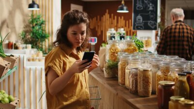 Woman uses phone in zero waste shop