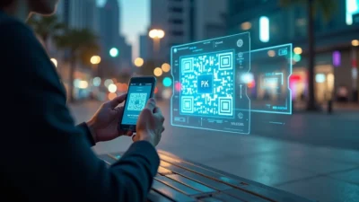 Cartão de crédito e QR Code Pix projetados em painel digital urbano à noite