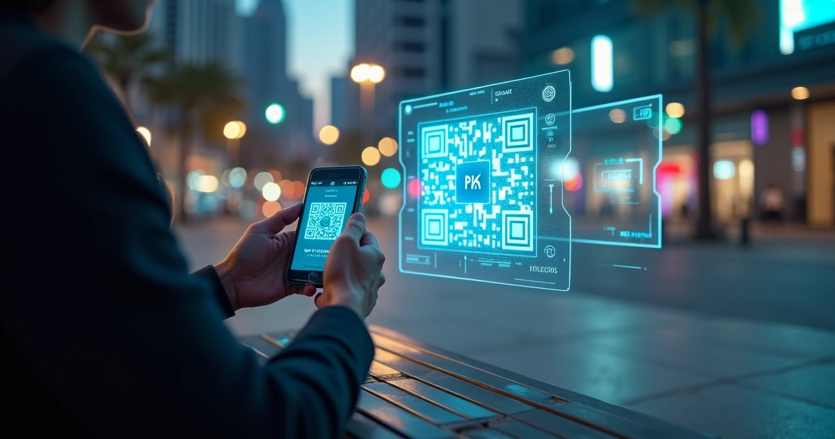 Cartão de crédito e QR Code Pix projetados em painel digital urbano à noite