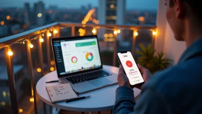 Pessoa em varanda digitando Pix com cartão de crédito e app de finanças aberto no notebook