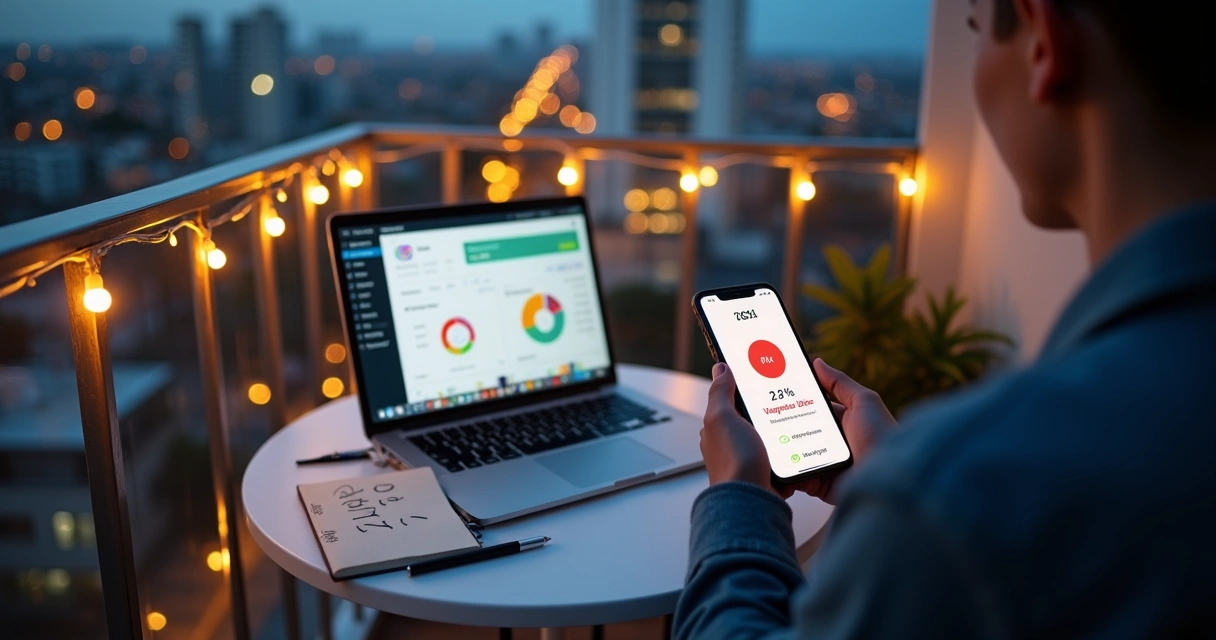 Pessoa em varanda digitando Pix com cartão de crédito e app de finanças aberto no notebook