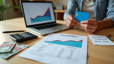 Pessoa analisa cartão de crédito e contrato de empréstimo em mesa com gráficos de juros
