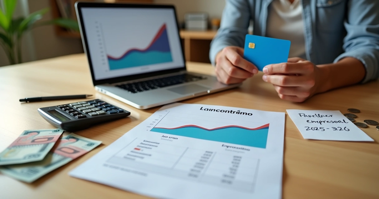 Pessoa analisa cartão de crédito e contrato de empréstimo em mesa com gráficos de juros