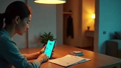 Inquilino sentado à mesa de jantar usando app de pagamentos para parcelar aluguel via Pix no celular