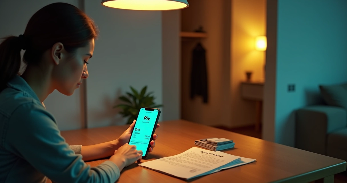 Inquilino sentado à mesa de jantar usando app de pagamentos para parcelar aluguel via Pix no celular