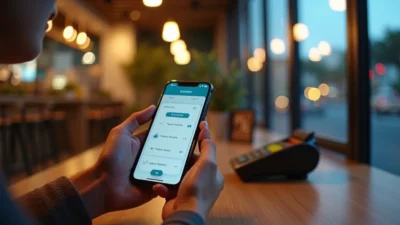 Jovem usando celular e cartão de crédito para pagar boletos