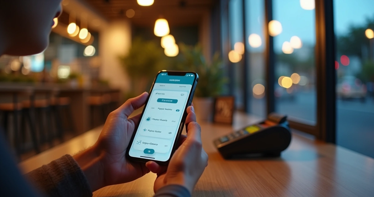 Jovem usando celular e cartão de crédito para pagar boletos