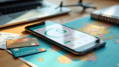 Pessoa planejando viagem em mesa com cartões de crédito e celular com app de milhas aberto