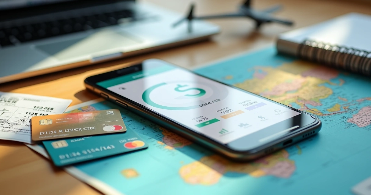 Pessoa planejando viagem em mesa com cartões de crédito e celular com app de milhas aberto