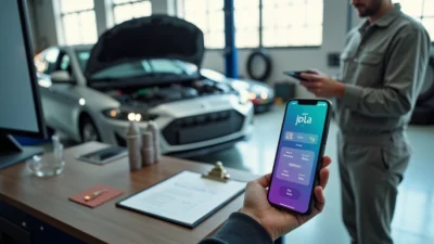 Motorista na oficina negociando pagamento de conserto de carro com Pix no celular
