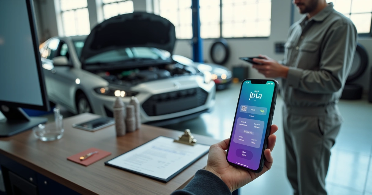 Motorista na oficina negociando pagamento de conserto de carro com Pix no celular