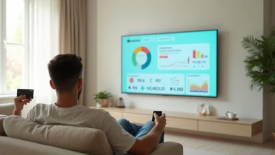 Pessoa em sofá segurando um cartão enquanto confere painel financeiro simples na TV