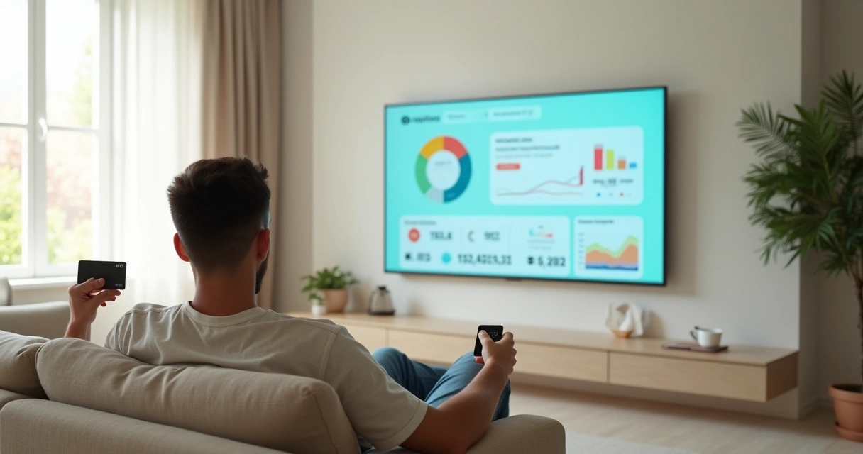 Pessoa em sofá segurando um cartão enquanto confere painel financeiro simples na TV