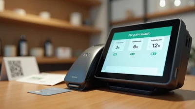 Terminal de pagamento exibindo opcoes de Pix parcelado no visor