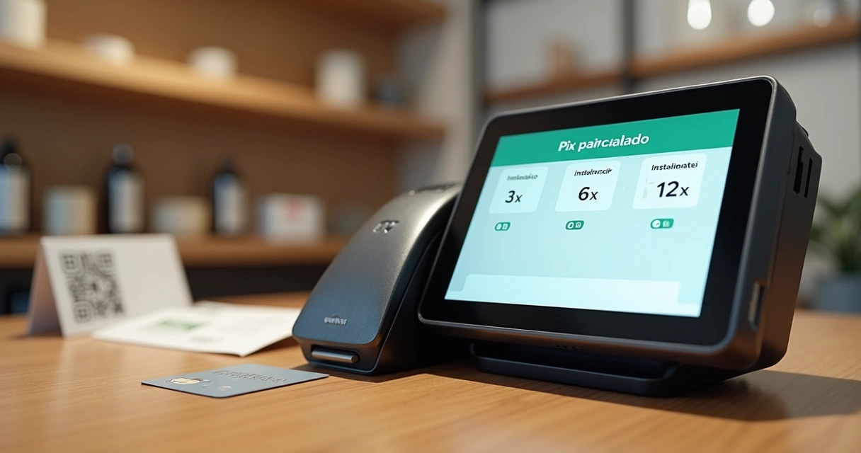 Terminal de pagamento exibindo opcoes de Pix parcelado no visor