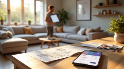 Pessoa analisando app financeiro em frente a sala decorada moderna