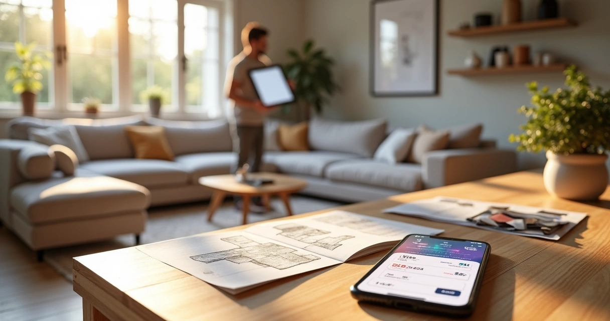 Pessoa analisando app financeiro em frente a sala decorada moderna